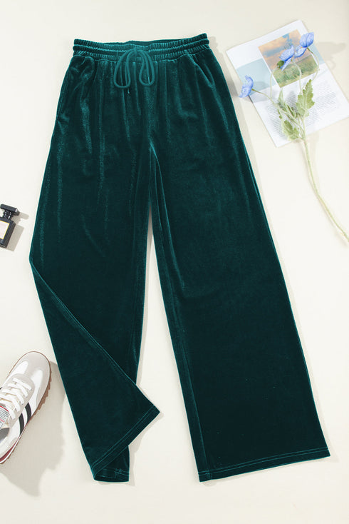 Plush Velour High Waisted Wide Leg Drawstring Pants