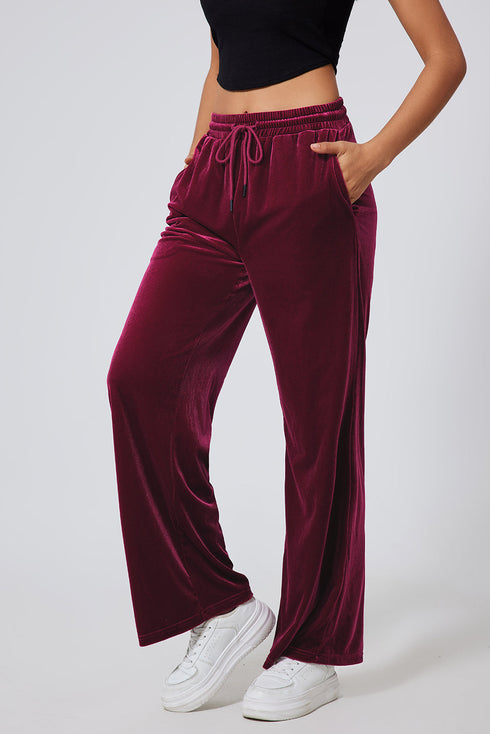 Plush Velour High Waisted Wide Leg Drawstring Pants