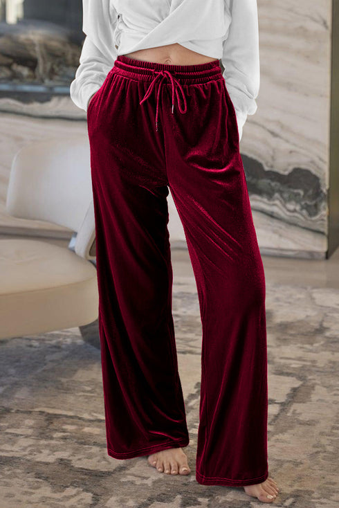 Plush Velour High Waisted Wide Leg Drawstring Pants