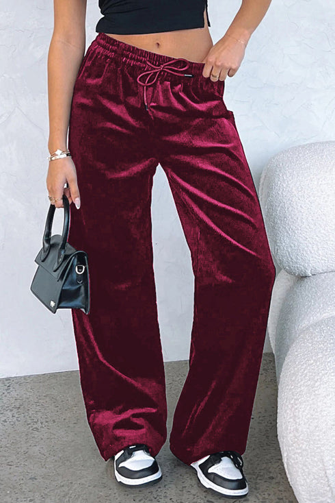 Plush Velour High Waisted Wide Leg Drawstring Pants