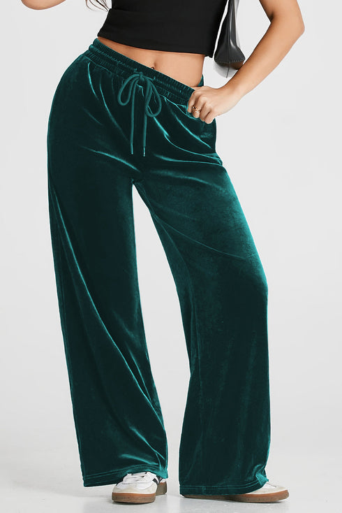 Plush Velour High Waisted Wide Leg Drawstring Pants