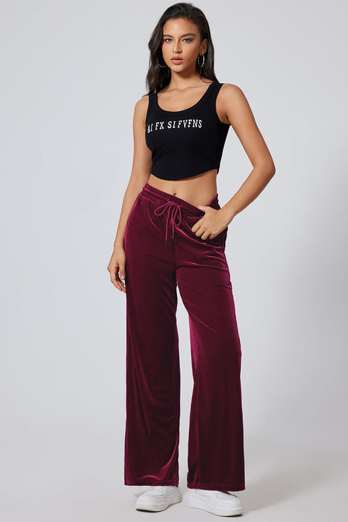 Plush Velour High Waisted Wide Leg Drawstring Pants