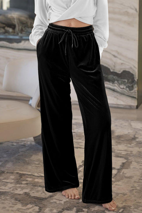 Plush Velour High Waisted Wide Leg Drawstring Pants