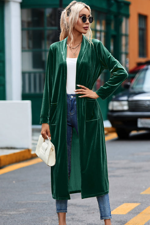 Plush Velvet Shawl Collar Open Front Duster Cardigan