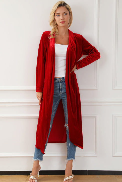 Plush Velvet Shawl Collar Open Front Duster Cardigan