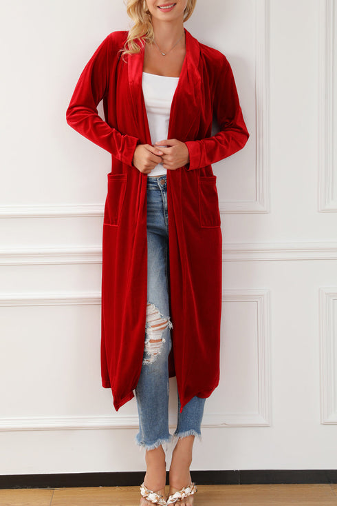 Plush Velvet Shawl Collar Open Front Duster Cardigan