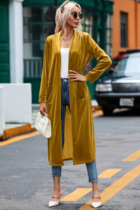 Plush Velvet Shawl Collar Open Front Duster Cardigan