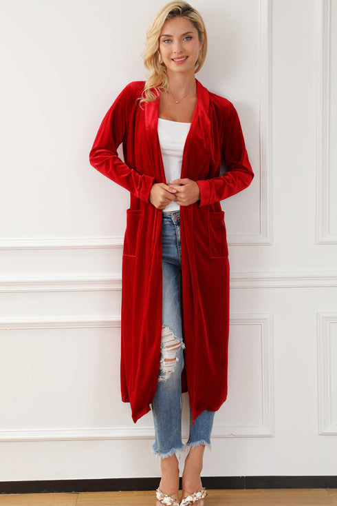 Plush Velvet Shawl Collar Open Front Duster Cardigan