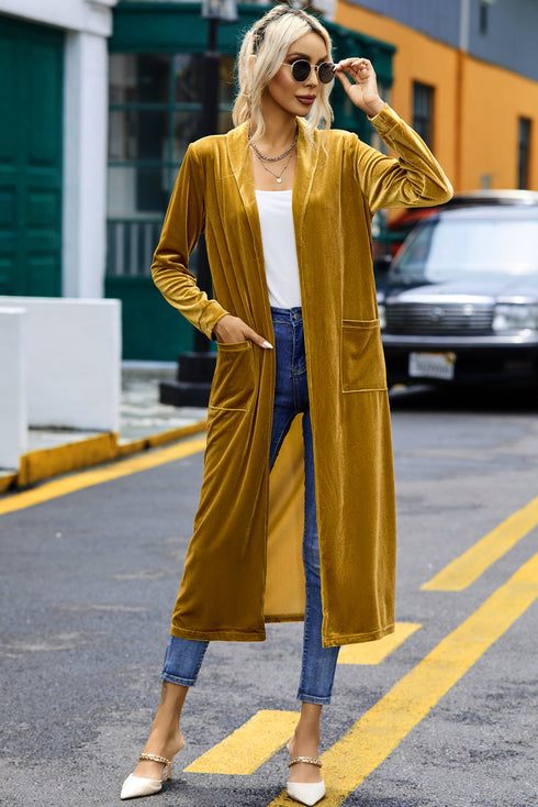 Plush Velvet Shawl Collar Open Front Duster Cardigan
