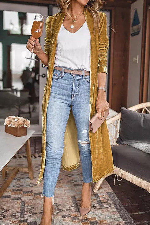 Plush Velvet Shawl Collar Open Front Duster Cardigan
