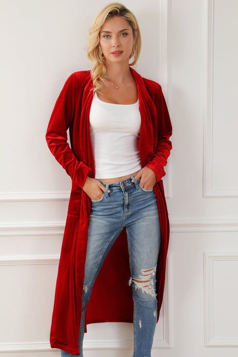 Plush Velvet Shawl Collar Open Front Duster Cardigan