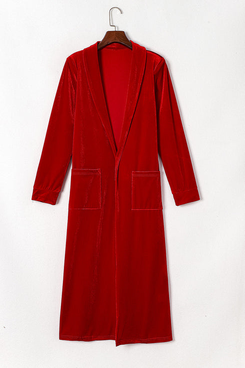 Plush Velvet Shawl Collar Open Front Duster Cardigan