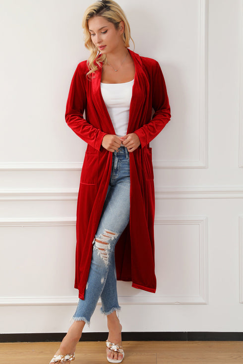 Plush Velvet Shawl Collar Open Front Duster Cardigan