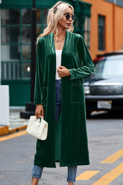 Plush Velvet Shawl Collar Open Front Duster Cardigan