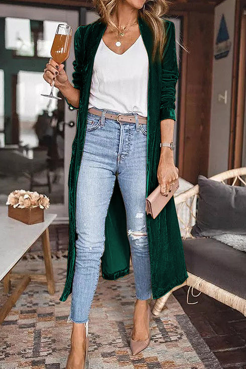 Plush Velvet Shawl Collar Open Front Duster Cardigan