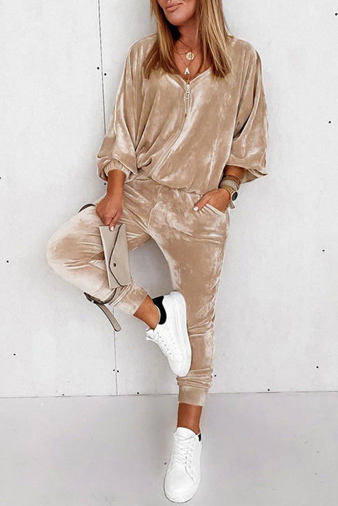 Plush Velvet Zipped Top And Jogger Pant Set