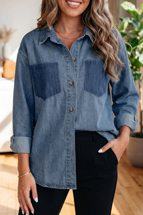 Pocket Detail Button Down Denim Casual Shirt