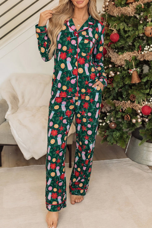 Pocket Detail Collared Long Sleeve Printed Lounge Set