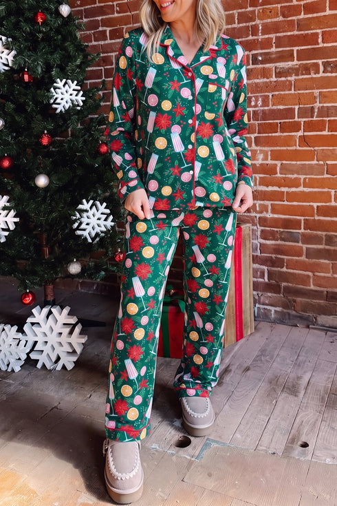 Pocket Detail Collared Long Sleeve Printed Lounge Set