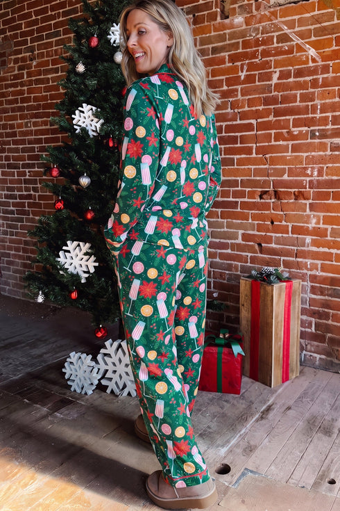 Pocket Detail Collared Long Sleeve Printed Lounge Set