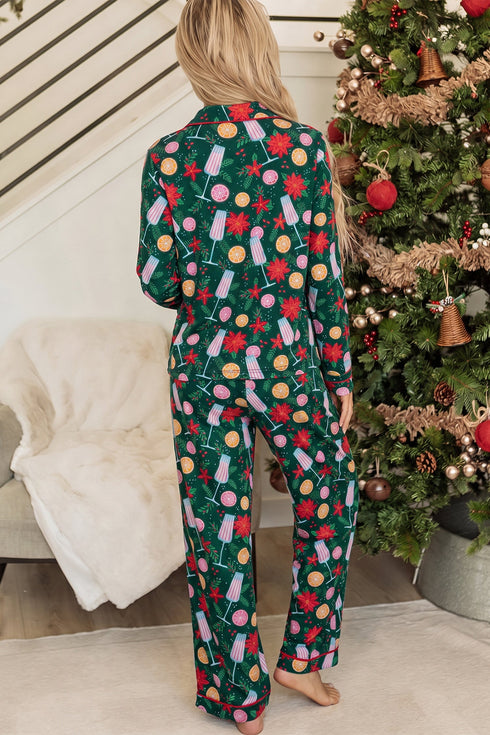 Pocket Detail Collared Long Sleeve Printed Lounge Set