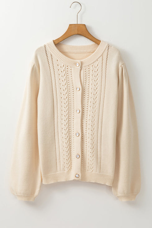Pointelle Cable Knit Button Front Long Sleeve Cardigan