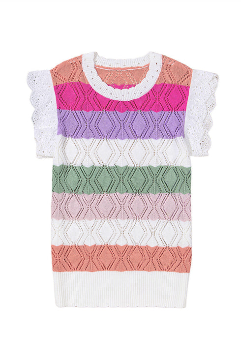 Pointelle Knit Flutter Sleeve Mixed Media Top