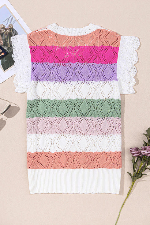 Pointelle Knit Flutter Sleeve Mixed Media Top