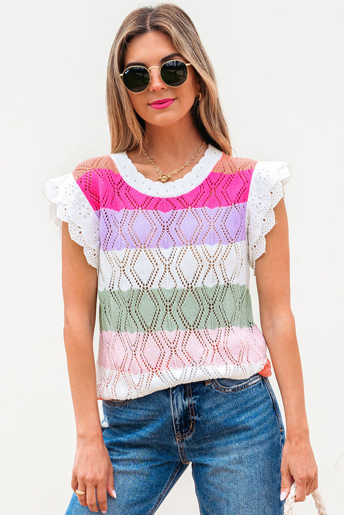 Pointelle Knit Flutter Sleeve Mixed Media Top