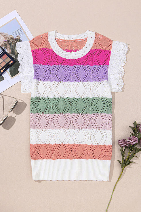 Pointelle Knit Flutter Sleeve Mixed Media Top