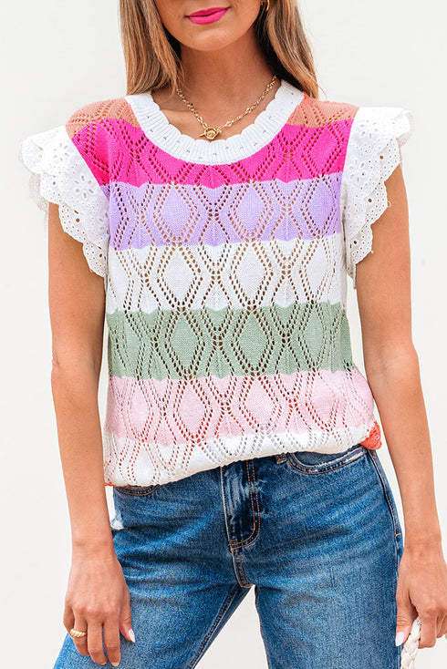 Pointelle Knit Flutter Sleeve Mixed Media Top