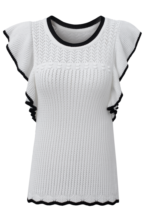 Pointelle Knit Flutter Sleeve Textured Crew Neck Top