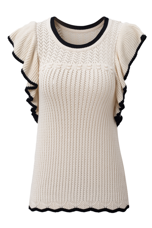 Pointelle Knit Flutter Sleeve Textured Crew Neck Top