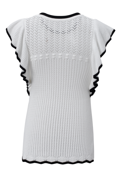 Pointelle Knit Flutter Sleeve Textured Crew Neck Top