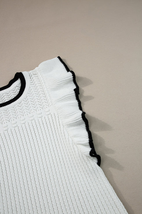 Pointelle Knit Flutter Sleeve Textured Crew Neck Top