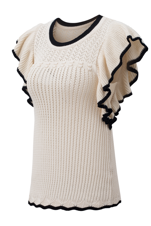Pointelle Knit Flutter Sleeve Textured Crew Neck Top