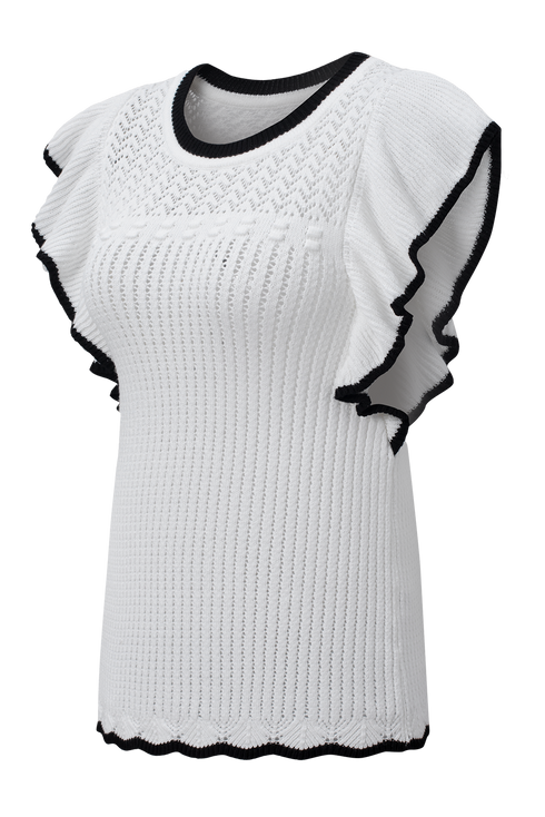 Pointelle Knit Flutter Sleeve Textured Crew Neck Top
