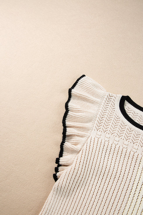 Pointelle Knit Flutter Sleeve Textured Crew Neck Top