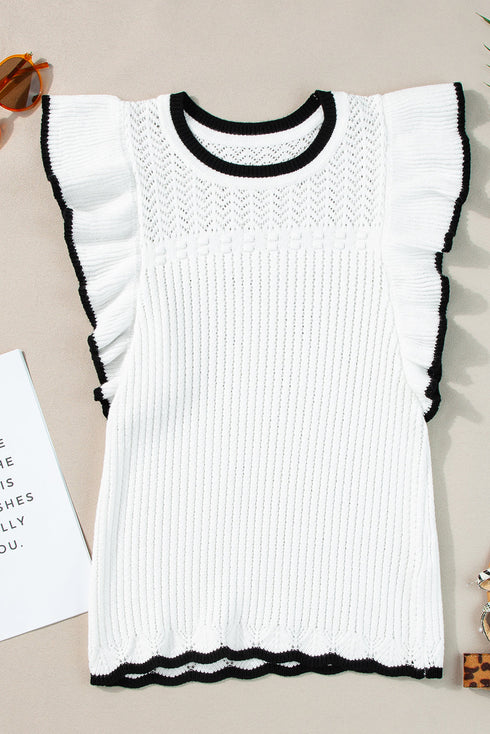 Pointelle Knit Flutter Sleeve Textured Crew Neck Top