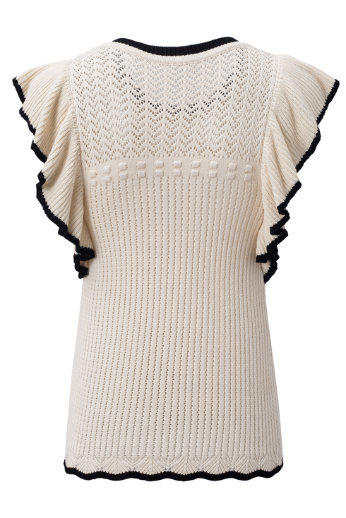 Pointelle Knit Flutter Sleeve Textured Crew Neck Top