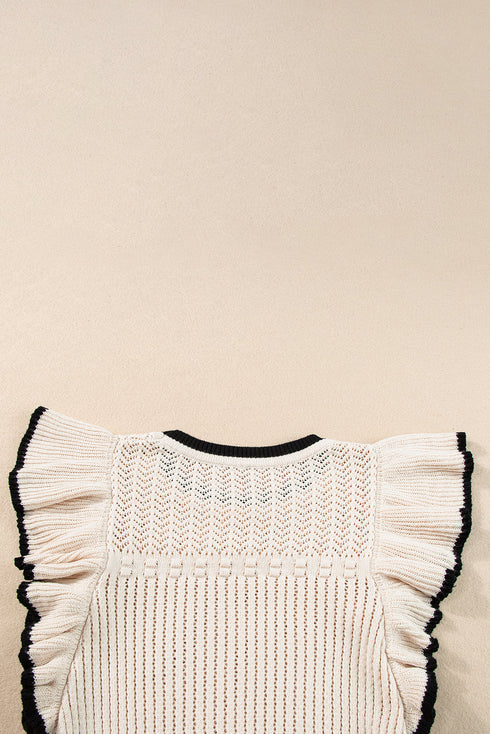 Pointelle Knit Flutter Sleeve Textured Crew Neck Top