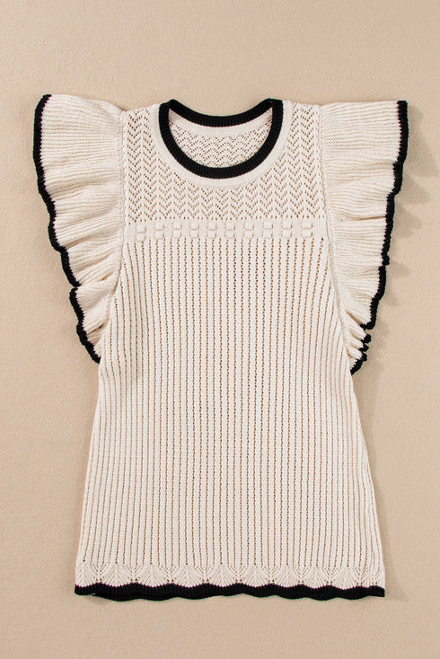 Pointelle Knit Flutter Sleeve Textured Crew Neck Top