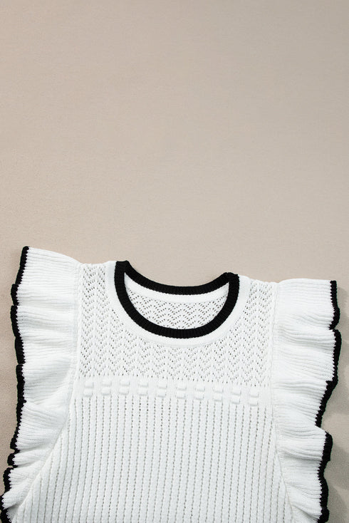 Pointelle Knit Flutter Sleeve Textured Crew Neck Top