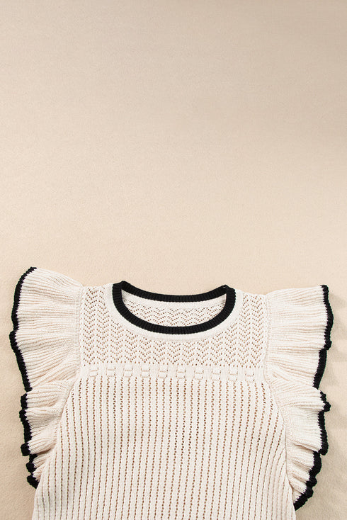 Pointelle Knit Flutter Sleeve Textured Crew Neck Top