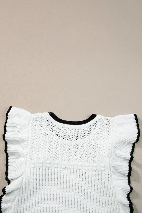Pointelle Knit Flutter Sleeve Textured Crew Neck Top