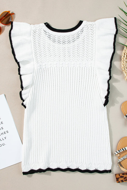 Pointelle Knit Flutter Sleeve Textured Crew Neck Top