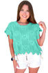 Pointelle Knit Patterned Scalloped Trim Short Sleeve Sweater