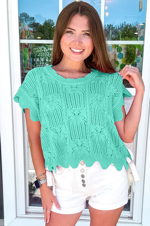 Pointelle Knit Patterned Scalloped Trim Short Sleeve Sweater