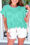 Pointelle Knit Patterned Scalloped Trim Short Sleeve Sweater