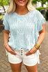 Pointelle Knit Patterned Scalloped Trim Short Sleeve Sweater